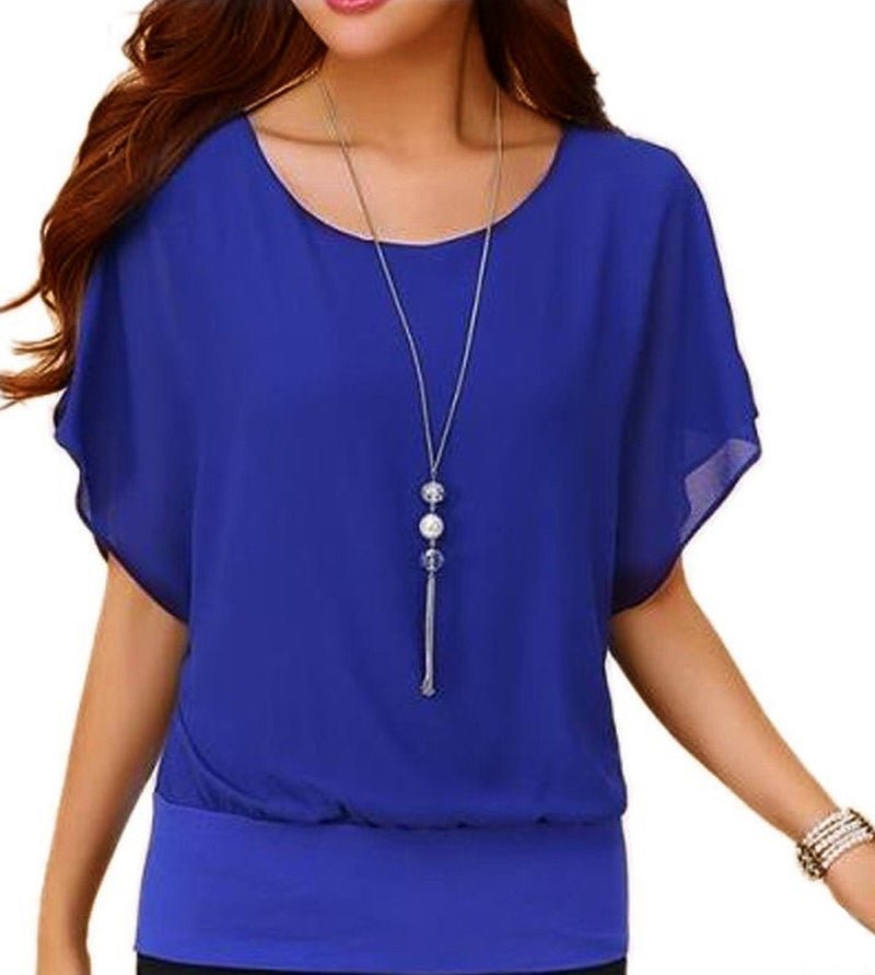 VIISHOW Women's Loose Casual Short Sleeve Chiffon Top T-Shirt Blouse Blue L - Image 1